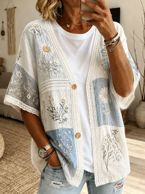 Women's Bohemian Casual Art Print Retro V-Neck Long-Sleeved Button-Down Top