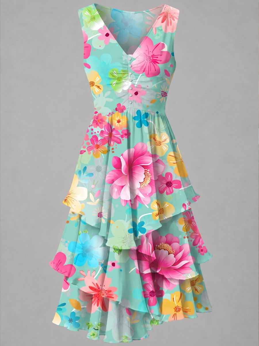 Retro Floral Art Print Casual Vintage V-Neck Button Midi Dress