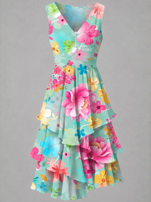 Retro Floral Art Print Casual Vintage V-Neck Button Midi Dress