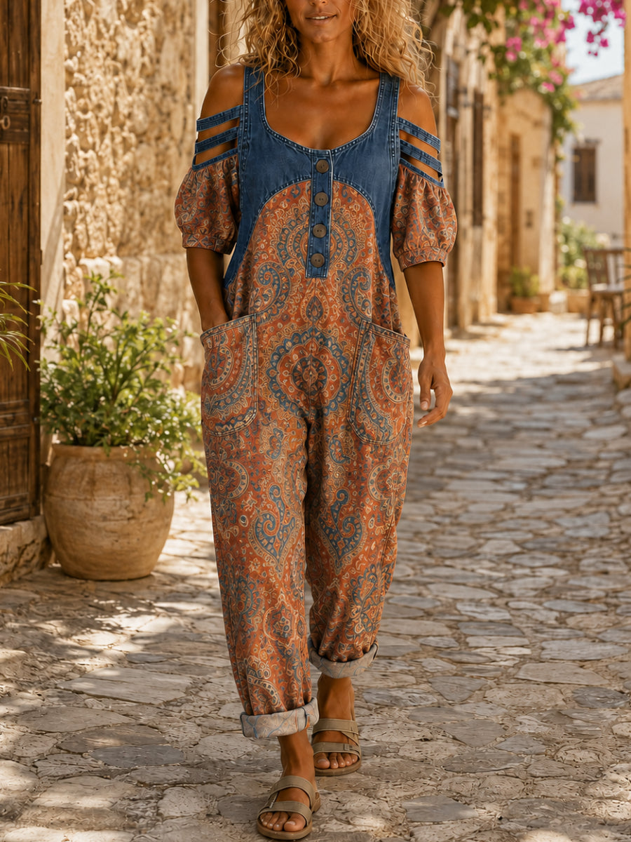 Women's Casual Sleeveless Denim Patchwork Jumpsuit