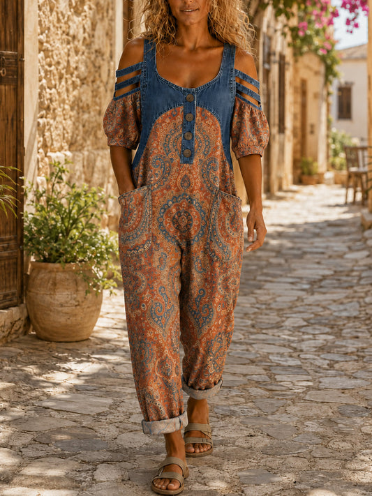 Women's Casual Sleeveless Denim Patchwork Jumpsuit
